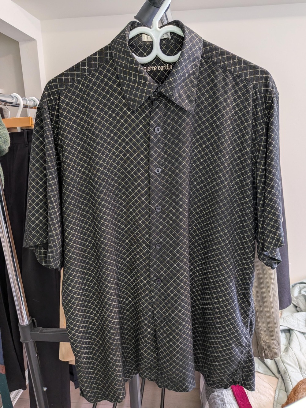 Vintage Pierre Cardin Black Gold Grid Rayon Shirt – Men’s XL